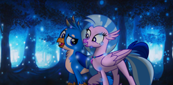 Size: 6467x3170 | Tagged: safe, artist:ejlightning007arts, gallus, silverstream, classical hippogriff, firefly (insect), griffon, hippogriff, blue background, fanfic art, female, forest, gallstream, male, romantic, shipping, simple background, straight, textless