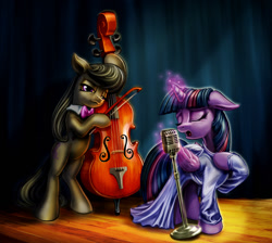 Size: 1200x1077 | Tagged: safe, artist:harwick, derpibooru import, octavia melody, twilight sparkle, twilight sparkle (alicorn), alicorn, earth pony, pony, cello, clothes, dress, female, mare, microphone, musical instrument, singing, stage