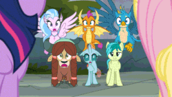 Size: 650x366 | Tagged: safe, screencap, fluttershy, gallus, ocellus, sandbar, silverstream, smolder, twilight sparkle, twilight sparkle (alicorn), yona, alicorn, changedling, changeling, classical hippogriff, dragon, earth pony, griffon, hippogriff, pegasus, pony, yak, school daze, animated, bow, cloven hooves, colored hooves, dragoness, female, gif, hair bow, jewelry, male, monkey swings, necklace, student six, sudden realization, teenager