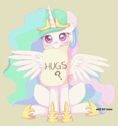 Size: 545x580 | Tagged: safe, artist:sion, artist:szafir87, princess celestia, alicorn, pony, animated, blinking, blushing, bronybait, c:, crown, cute, cutelestia, eye shimmer, female, flapping, gif, hnnng, hug request, jewelry, looking at you, mare, mouth hold, praise the sun, princess shoes, regalia, scroll, shoes, simple background, sitting, smiling, solo, sparkles, spread wings, tiara, weapons-grade cute, yellow background