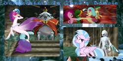 Size: 3072x1536 | Tagged: safe, edit, editor:lonecoat84, pinkie pie, princess skystar, queen novo, silverstream, earth pony, hippogriff, pony, seapony (g4), my little pony: the movie, season 8, what lies beneath, spoiler:s08, aunt and niece, cousins, female, lesbian, mother and child, mother and daughter, parent and child, portrayed by ponies, shipping, skypie, the legend of zelda, the legend of zelda: ocarina of time, wallpaper, wallpaper edit, zora