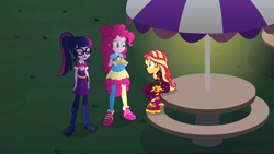 Size: 1920x1080 | Tagged: safe, screencap, pinkie pie, sci-twi, sunset shimmer, better together, equestria girls, sunset's backstage pass!, music festival outfit, shoes, sneakers