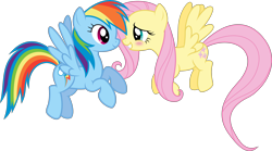 Size: 4000x2217 | Tagged: safe, artist:shutterflyyay, derpibooru import, fluttershy, rainbow dash, pegasus, pony, blushing, female, flutterdash, flying, lesbian, looking at each other, mare, shipping, simple background, smiling, transparent background, vector, wings