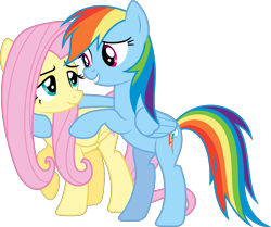 Size: 3007x2508 | Tagged: safe, artist:shutterflyyay, derpibooru import, fluttershy, rainbow dash, pegasus, pony, bipedal, female, flutterdash, hoof around neck, hug, lesbian, lidded eyes, looking at each other, mare, shipping, simple background, transparent background, vector