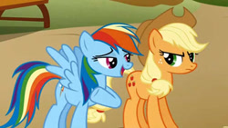 Size: 640x360 | Tagged: safe, derpibooru import, screencap, applejack, rainbow dash, earth pony, pegasus, pony, fall weather friends, cropped, cute, duo, female