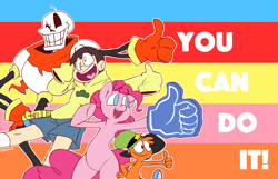 Size: 1921x1236 | Tagged: safe, artist:kelcasual, pinkie pie, earth pony, pony, bipedal, crossover, crossover nexus, foam finger, jyuushimatsu, osomatsu-san, papyrus (undertale), thumbs up, undertale, wander (wander over yonder), wander over yonder