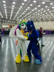 Size: 1024x1365 | Tagged: safe, artist:atalonthedeer, princess celestia, princess luna, human, clothes, cosplay, costume, female, fursuit, irl, irl human, photo