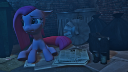 Size: 1600x900 | Tagged: safe, artist:hellhounds04, pinkie pie, earth pony, pony, 3d, crying, feels, homeless, newspaper, pinkamena diane pie, sad, solo, source filmmaker, trash can