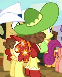 Size: 488x611 | Tagged: safe, screencap, applejack, bonnie rose, cherry cola, cherry fizzy, scootaloo, earth pony, pony, appleoosa's most wanted, appleloosa resident, background pony, bloomers, clothes, cowboy hat, cropped, dress, female, hat, mare, may fair, pantaloons, plot, short tail, skirt, solo focus, underwear, upskirt, yellow underwear