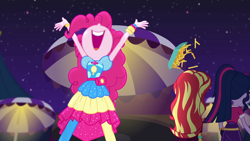 Size: 1920x1080 | Tagged: safe, screencap, pinkie pie, sunset shimmer, twilight sparkle, better together, equestria girls, sunset's backstage pass!, music festival outfit