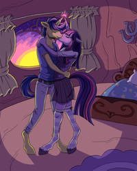 Size: 1350x1688 | Tagged: safe, artist:catsncupcakes, derpibooru import, comet tail, twilight sparkle, anthro, bed, clothes, cometlight, crack shipping, female, horns are touching, kissing, male, shipping, straight