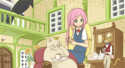 Size: 1712x933 | Tagged: safe, artist:howxu, fluttershy, human, baron humbert von gikkingen, crossover, humanized, muta, studio ghibli, style emulation, the cat returns, toto (raven)