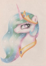 Size: 674x960 | Tagged: safe, artist:langustka, princess celestia, alicorn, pony, bust, crown, female, jewelry, mare, peytral, portrait, regalia, solo, traditional art