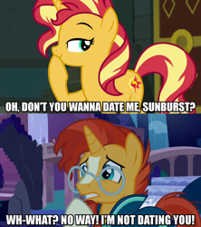 Size: 1280x1440 | Tagged: safe, edit, edited screencap, screencap, sunburst, sunset shimmer, pony, unicorn, better together, equestria girls, forgotten friendship, student counsel, anti-shipping, caption, female, image macro, male, meme, shimmerburst, shipping, shipping denied, straight, text