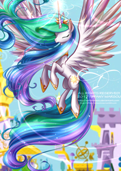 Size: 664x940 | Tagged: safe, artist:tiffanymarsou, princess celestia, alicorn, pony, canterlot, eyes closed, flying, magic, solo, spread wings, wings