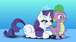 Size: 700x388 | Tagged: safe, artist:pia-sama, rarity, spike, dragon, pony, unicorn, my little pony: the movie, baby, baby dragon, biting, blushing, cute, cutie mark, eyeshadow, female, makeup, male, mare, nom, prone, raribetes, shipping, signature, smiling, sound effects, sparity, spikabetes, straight, tail, tail bite