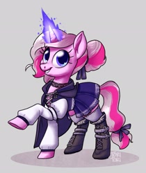 Size: 1719x2048 | Tagged: safe, artist:ohjeetorig, oc, oc only, oc:honningbrew, pony, unicorn, boots, cloak, clothes, commission, cute, female, glowing horn, hair bun, horn, magic, magic aura, mare, miniskirt, pleated skirt, shoes, skirt, socks, solo, thigh highs