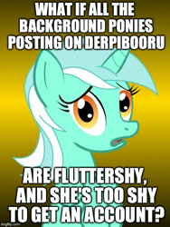 Size: 450x600 | Tagged: safe, fluttershy, lyra heartstrings, pegasus, pony, unicorn, conspiracy lyra, female, forest in the comments, gradient background, green coat, horn, looking at you, mare, meme, op, op is fluttershy, open mouth, simple background, solo, text, two toned mane, yellow background