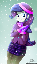 Size: 1020x1760 | Tagged: safe, artist:the-butch-x, derpibooru import, rarity, equestria girls, clothes, coat, cute, ear piercing, earring, female, gloves, hat, jewelry, looking at you, miniskirt, pantyhose, piercing, plaid skirt, raribetes, scarf, signature, skirt, smiling, snow, solo, winter outfit