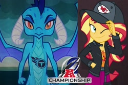 Size: 2289x1526 | Tagged: safe, edit, edited screencap, screencap, princess ember, sunset shimmer, dragon, equestria girls, afc championship, american football, clothes, hat, jacket, kansas city chiefs, looking at you, nfl, nfl playoffs, tattoo, tennessee titans, winking at you
