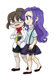 Size: 1280x1811 | Tagged: safe, artist:alexa1alexa, derpibooru import, rarity, raven, human, beautiful, book, boutique, bowtie, chibi, clothes, commission, cute, duo, fashion, full body, giant head, glasses, hair bun, humanized, legs, office, pantyhose, purse, shoes, simple background, skirt, talking, transparent background