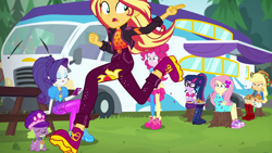 Size: 1920x1080 | Tagged: safe, screencap, applejack, fluttershy, pinkie pie, rarity, sci-twi, spike, spike the regular dog, sunset shimmer, twilight sparkle, dog, better together, equestria girls, sunset's backstage pass!, music festival outfit, shoes, sneakers