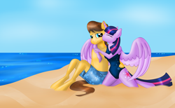 Size: 1280x788 | Tagged: safe, artist:theunearthlyone, derpibooru import, caramel, twilight sparkle, twilight sparkle (alicorn), alicorn, anthro, beach, blushing, caralight, clothes, crack shipping, cuddling, cute, female, hug, kissing, male, ocean, one-piece swimsuit, sand, shipping, snuggling, straight, summer, swimsuit, topless