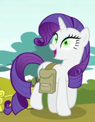 Size: 469x602 | Tagged: safe, screencap, rarity, pony, unicorn, inspiration manifestation, season 4, bag, cropped, female, horn, inspirarity, mare, possessed, saddle bag, smiling, solo