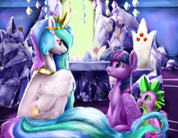 Size: 3600x2800 | Tagged: dead source, safe, artist:rossignolet, princess celestia, spike, twilight sparkle, twilight sparkle (alicorn), alicorn, dragon, pony, chair, crown, cutie map, female, friendship throne, jewelry, looking at each other, male, mare, regalia, sitting, smiling, trio, twilight's castle