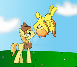 Size: 1024x896 | Tagged: safe, artist:rai2n, derpibooru import, braeburn, spitfire, bedroom eyes, female, flying, male, shipping, spitburn, straight, upside down, watermark