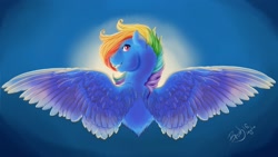 Size: 2560x1440 | Tagged: safe, artist:lazyeva, derpibooru import, rainbow dash, pegasus, pony, grin, looking back, rear view, signature, smiling, solo, spread wings, wings