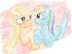 Size: 933x702 | Tagged: safe, artist:seidouryu, derpibooru import, applejack, rainbow dash, earth pony, pegasus, pony, appledash, blushing, female, lesbian, looking at each other, mare, shipping