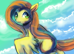 Size: 1280x937 | Tagged: safe, artist:cherivinca, fluttershy, pegasus, pony, airborne, looking at you, sky, solo