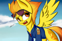 Size: 1024x686 | Tagged: safe, artist:xaski21, derpibooru import, spitfire, cloud, fangs, open mouth, solo, spread wings, sunglasses, wonderbolts dress uniform