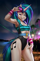 Size: 2000x3000 | Tagged: safe, artist:mykegreywolf, dj pon-3, vinyl scratch, anthro, unicorn, 80s, absurd resolution, clothes, female, high-cut clothing, mare, solo, sports bra, sunglasses, workout outfit