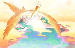 Size: 1550x1000 | Tagged: safe, artist:yuyusunshine, princess celestia, alicorn, pony, cloud, prone, sleeping, stork, story included