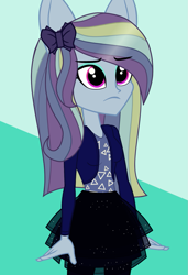 Size: 835x1219 | Tagged: safe, artist:galacticflashd, derpibooru import, oc, oc only, oc:ferrier nice, equestria girls, bow, clothes, eyeshadow, female, hair bow, makeup, pantyhose, sad, simple background, skirt, solo