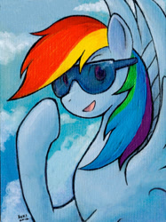 Size: 449x600 | Tagged: safe, artist:aokibengal, derpibooru import, rainbow dash, pegasus, pony, cloud, goggles, solo