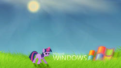 Size: 1600x900 | Tagged: safe, artist:evangel-windrunner, derpibooru import, twilight sparkle, magic, solo, sun, wallpaper, windows, windows xp