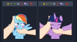 Size: 1080x583 | Tagged: safe, derpibooru import, rainbow dash, twilight sparkle, twilight sparkle (alicorn), alicorn, human, pony, derpibooru, hand, human on pony petting, juxtaposition, meta, offscreen character, offscreen human, petting