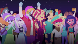 Size: 1920x1080 | Tagged: safe, screencap, aqua blossom, desert sage, drama letter, golden hazel, guy grove, hunter hedge, sandy cerise, scott green, scribble dee, snow flower, sunset shimmer, velvet sky, watermelody, wiz kid, better together, equestria girls, sunset's backstage pass!, background human, background human audience, female, fry lilac, male, music festival outfit, offscreen character