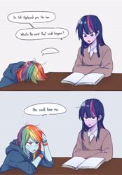 Size: 2500x3602 | Tagged: safe, artist:dcon, derpibooru import, rainbow dash, twilight sparkle, equestria girls, 2 panel comic, book, clothes, comic, duo, female, gray background, hoodie, implied appledash, implied applejack, implied lesbian, implied shipping, shirt, simple background, speech bubble, sweater, twilight is not amused, unamused