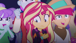 Size: 1920x1080 | Tagged: safe, screencap, aqua blossom, hunter hedge, snow flower, sunset shimmer, better together, equestria girls, sunset's backstage pass!, fry lilac, music festival outfit