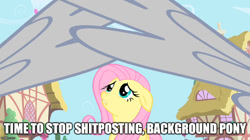 Size: 888x499 | Tagged: safe, edit, edited screencap, screencap, fluttershy, pegasus, pony, a bird in the hoof, floppy ears, offscreen character, reaction image, solo focus