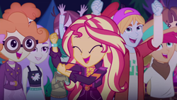 Size: 1920x1080 | Tagged: safe, screencap, drama letter, hunter hedge, scribble dee, snow flower, sunset shimmer, velvet sky, wallflower blush, watermelody, wiz kid, better together, equestria girls, sunset's backstage pass!, cute, eyes closed, fry lilac, geode of empathy, glasses, hat, magical geodes, music festival outfit, shimmerbetes, smiling