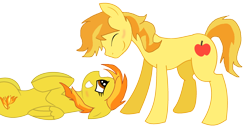 Size: 2584x1360 | Tagged: safe, artist:simby-pika, derpibooru import, braeburn, spitfire, earth pony, pegasus, pony, blushing, duo, eyes closed, female, male, mare, on back, shipping, simple background, smiling, spitburn, stallion, straight, transparent background, vector