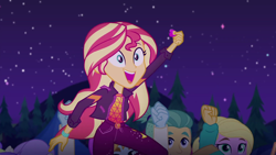 Size: 1920x1080 | Tagged: safe, screencap, aqua blossom, guy grove, hunter hedge, snow flower, sunset shimmer, better together, equestria girls, sunset's backstage pass!, background human, fry lilac, music festival outfit, night, night sky, offscreen character, sky