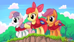 Size: 2560x1440 | Tagged: safe, artist:mysticalpha, derpibooru import, apple bloom, scootaloo, sweetie belle, 16:9, cape, clothes, cmc cape, cutie mark crusaders, wallpaper