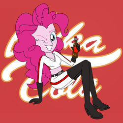 Size: 1600x1600 | Tagged: safe, artist:blondenobody, derpibooru exclusive, pinkie pie, equestria girls, alternate costumes, belly button, bottle, clothes, crossover, fallout, fanfic art, gloves, midriff, nuka cola, nuka girl, one eye closed, smiling, socks, solo, thigh highs, wink