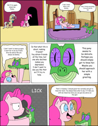 Size: 1024x1322 | Tagged: safe, artist:average-00, gummy, mayor mare, pinkie pie, earth pony, pony, comic:opposites, comic, licking, tongue out
